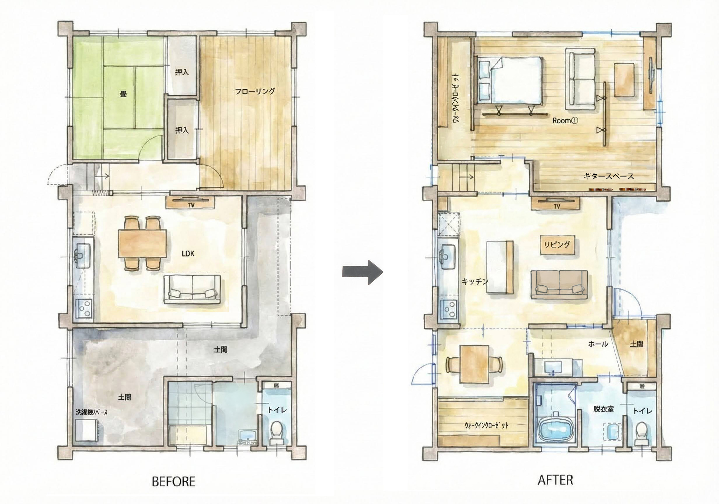 紀の川市 RC造リノベーションの間取りビフォーアフター（施工前後比較）