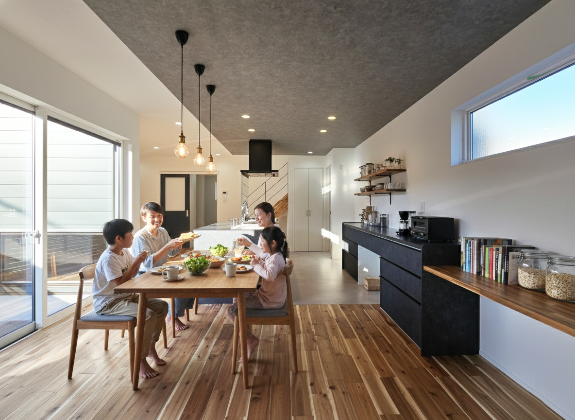 朝のキッチンとダイニングの様子